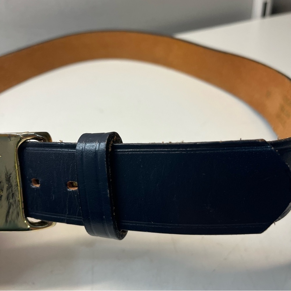 Vintage Navy Genuine English Bridle Leather Belt with Gold Lionhead Pin Buckle - Picture 5 of 11